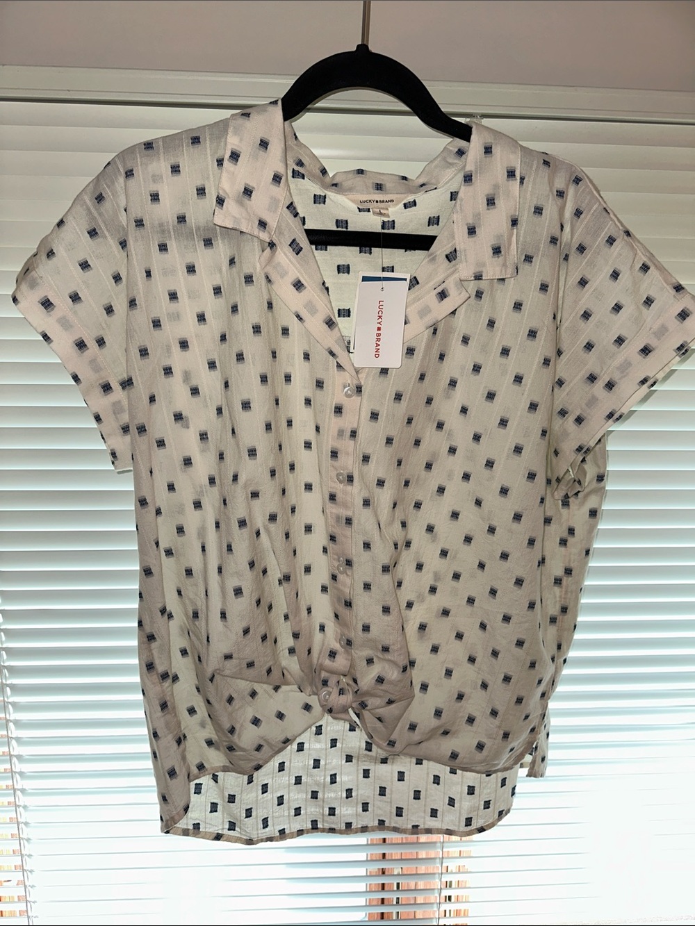 Lucky Brand Cream Button-Front Short Sleeve Top with Navy Square Print